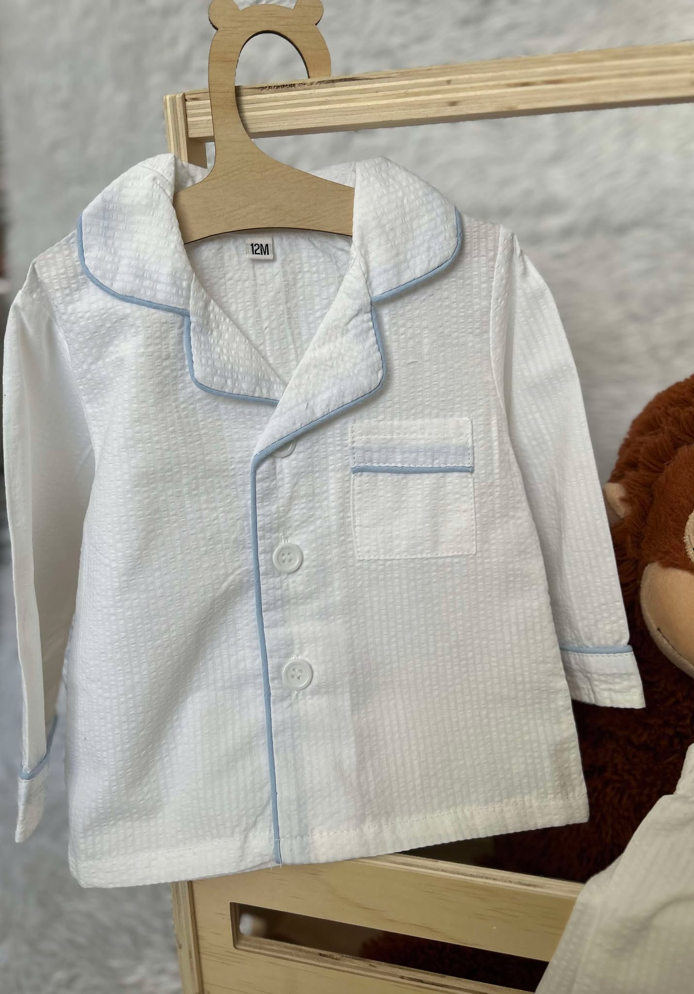 Boys White with Blue Piping Seersucker Pyjama Sets - Long - IN STOCK - RTS
