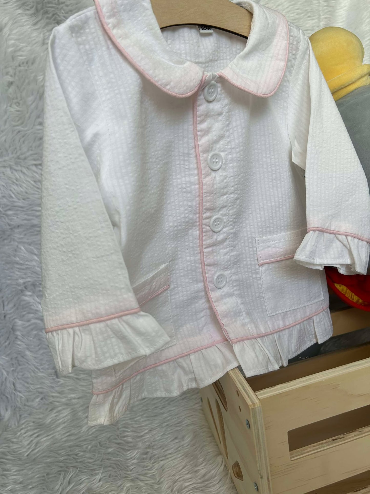 Girls White with Pink Piping Seersucker Pyjama Sets - IN STOCK - RTS