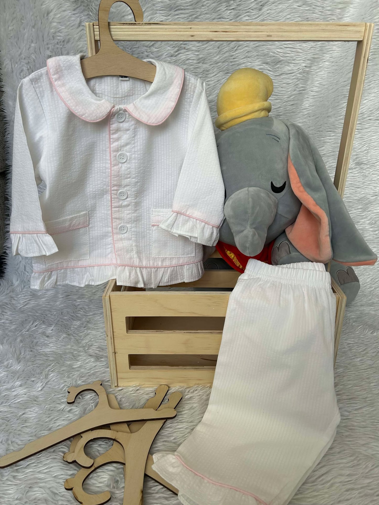 Girls White with Pink Piping Seersucker Pyjama Sets - IN STOCK - RTS