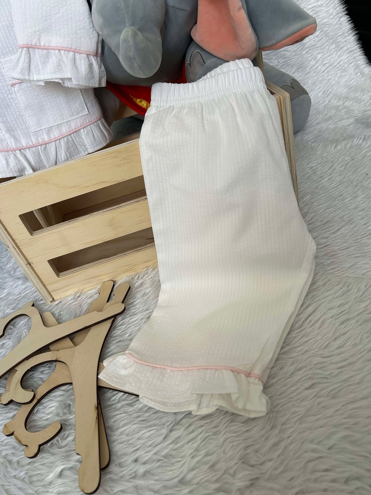 Girls White with Pink Piping Seersucker Pyjama Sets - IN STOCK - RTS