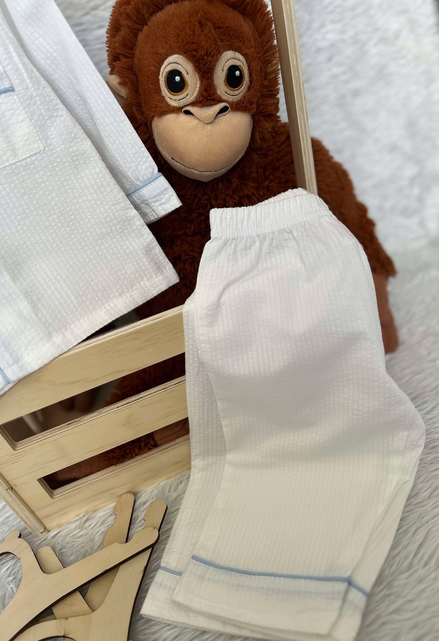 Boys White with Blue Piping Seersucker Pyjama Sets - Long - IN STOCK - RTS