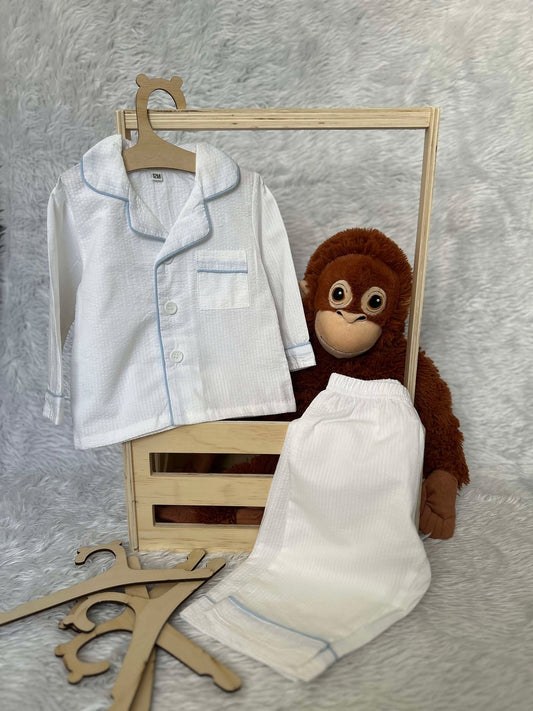 Boys White with Blue Piping Seersucker Pyjama Sets - Long - IN STOCK - RTS
