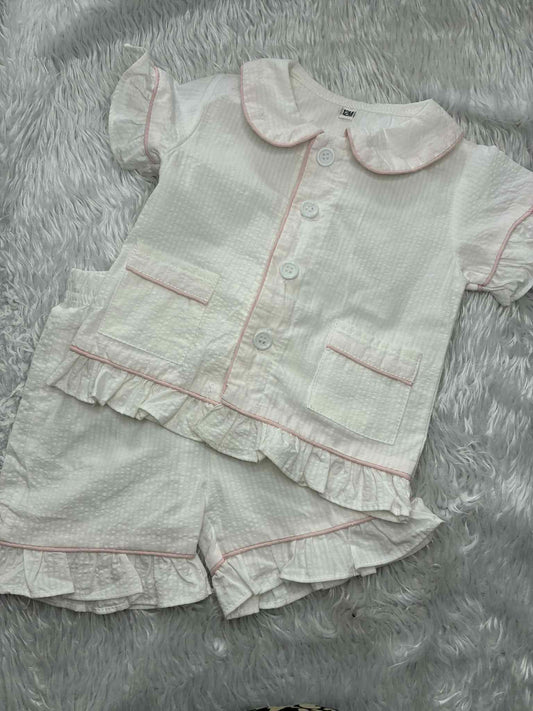 Girls White with Pink Piping Seersucker Pyjama Sets - In stock - RTS