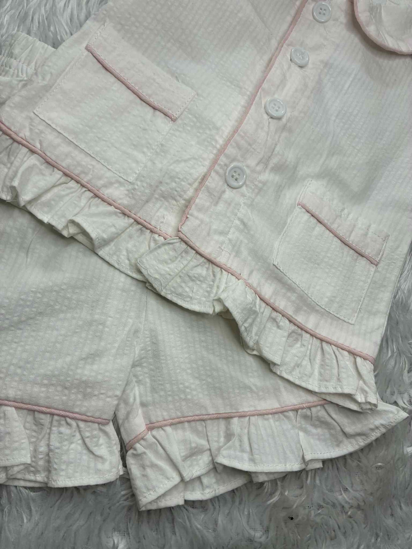 Girls White with Pink Piping Seersucker Pyjama Sets - In stock - RTS